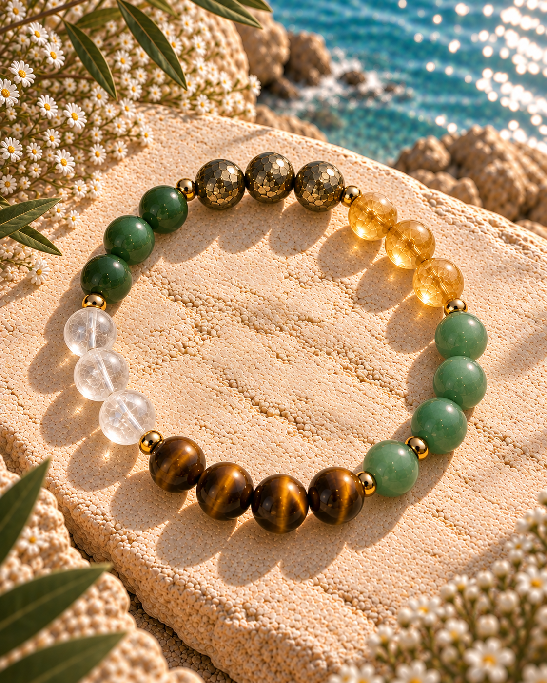 Dhan Yog Bracelet – Pyrite, Citrine, Green Aventurine, Tiger Eye, Green Jade & Clear Quartz